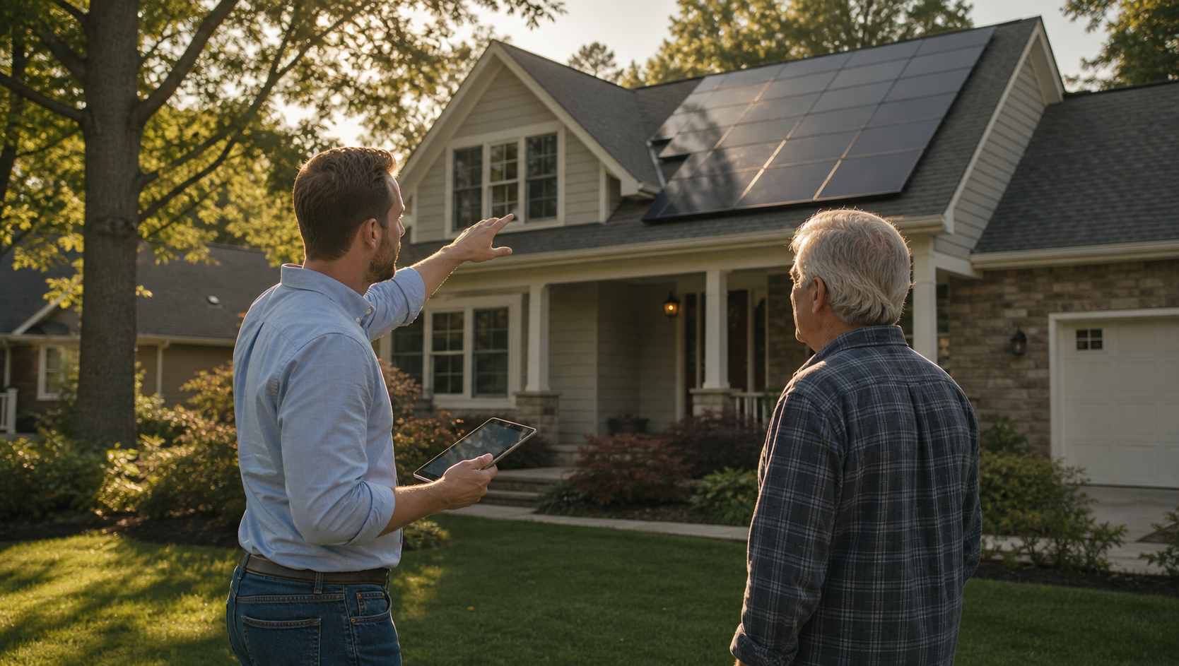 Two men looking at solar panels