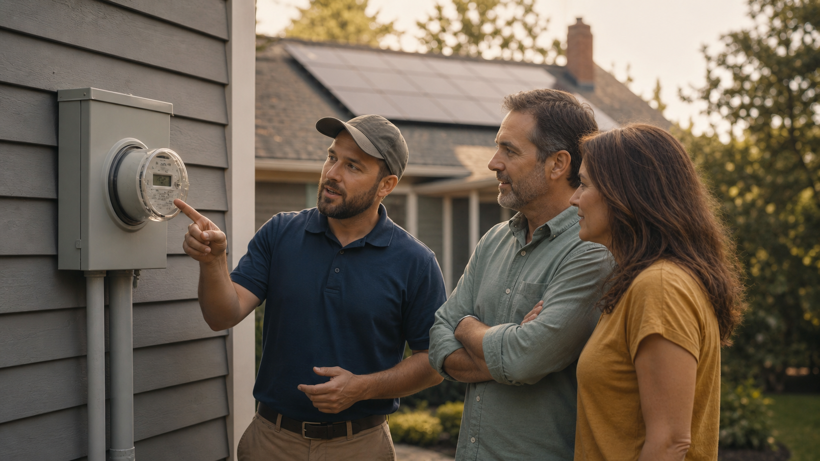 Installer and two homeowners looking at electric meter