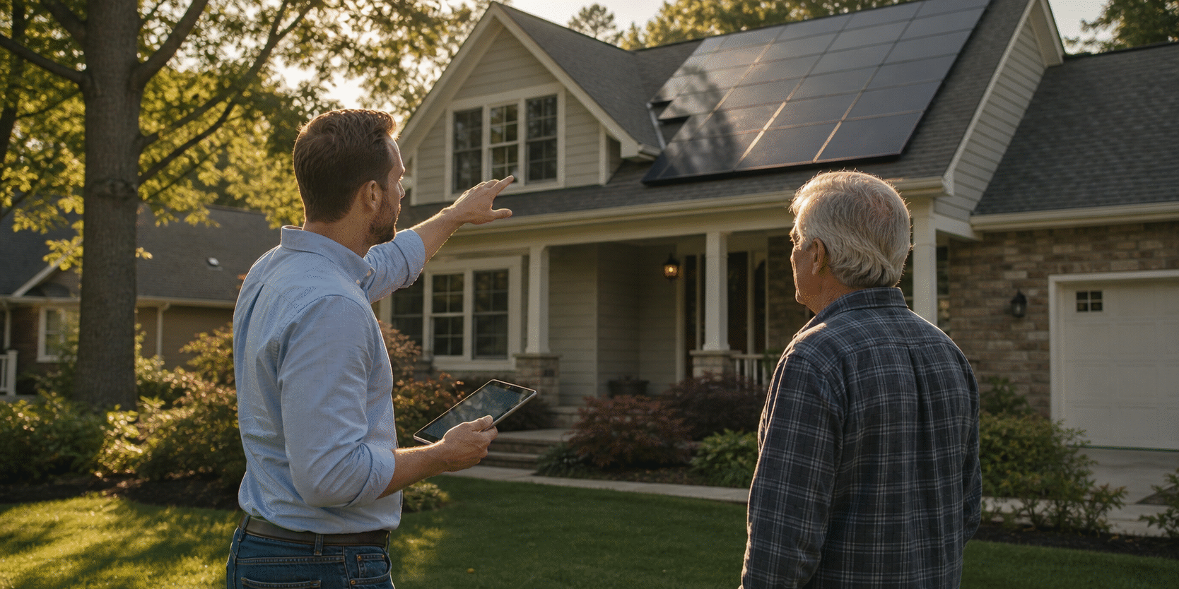 Two men looking at solar panels