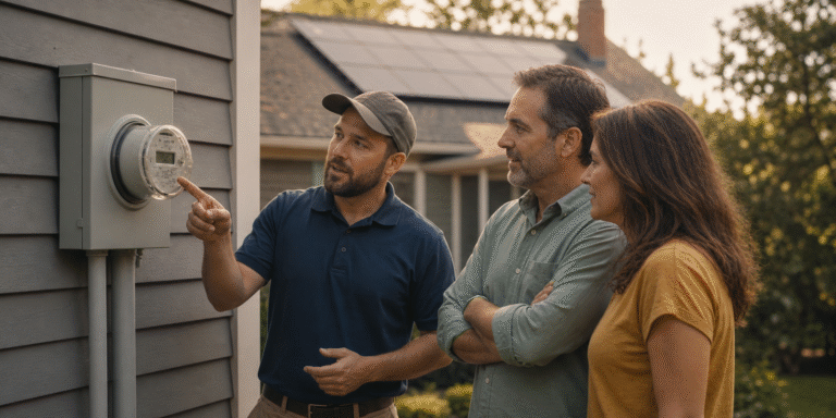 Installer and two homeowners looking at electric meter