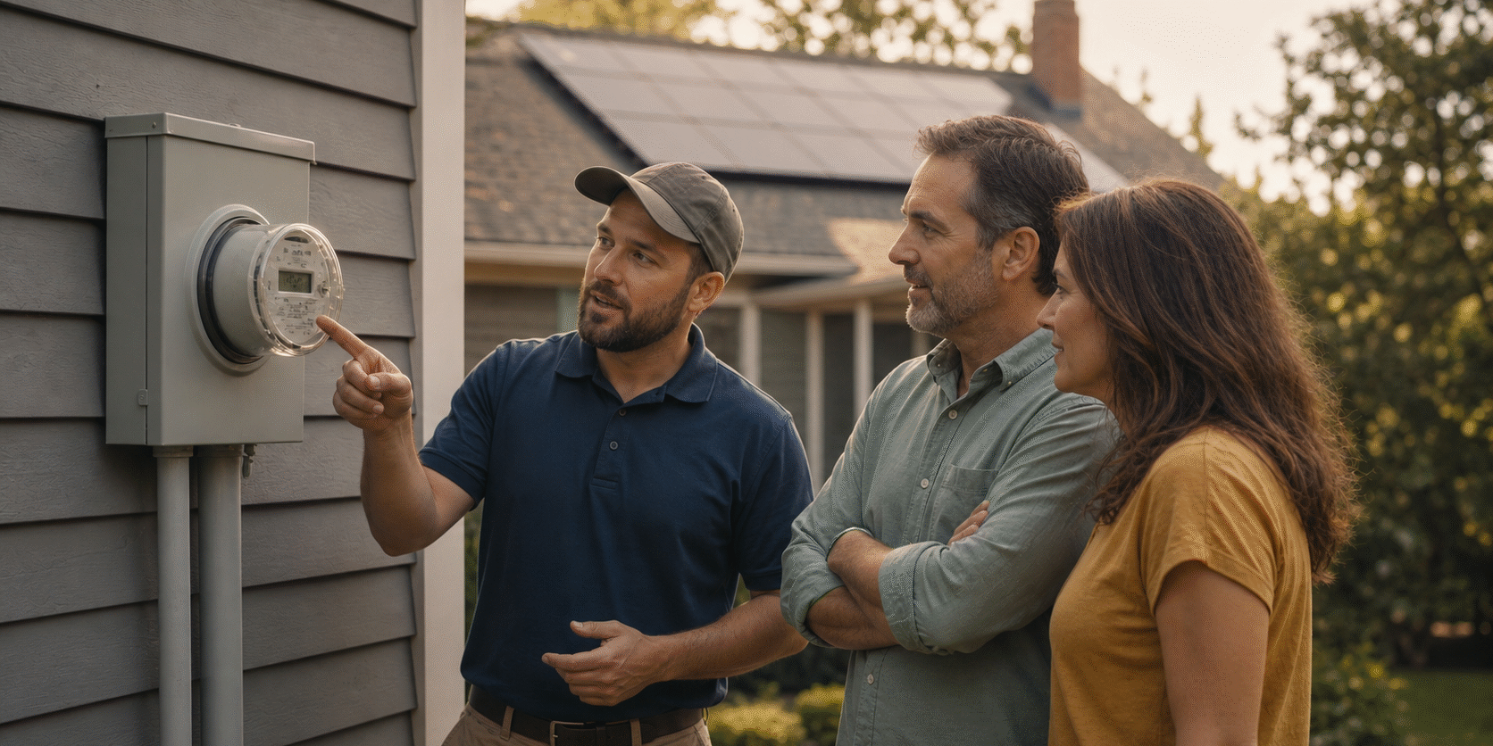 Installer and two homeowners looking at electric meter