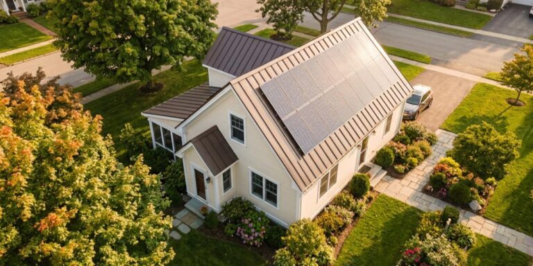 Top down view of a home with a metal roof.